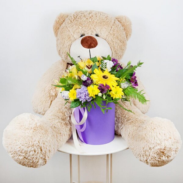 Gerbera yellow - 1, Lilac carnation - 2, Orchid bud yellow/brown Cymbidium - 2, Alstromeria Yellow, Orange - 1, Purple Lisianthus (Eustoma) - 4, Bacardi Yellow Spray Chrysanthemum - 2, Alstromeria lilac, purple - 2, Round flower box small , Film, Oasis, Pistachio, Ruscus, Ambrella, Flask for orchids, Ribbon, Teddy bear 90 cm