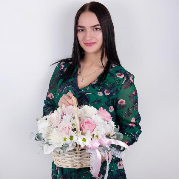 Pink rose 50 cm - 5, Carnation white, cream - 3, Alstromeria white, soft pink - 2, Bacardi White Spray Chrysanthemum - 3, Small Basket, Oasis, Eucalyptus Cinerea, Wrapping Paper